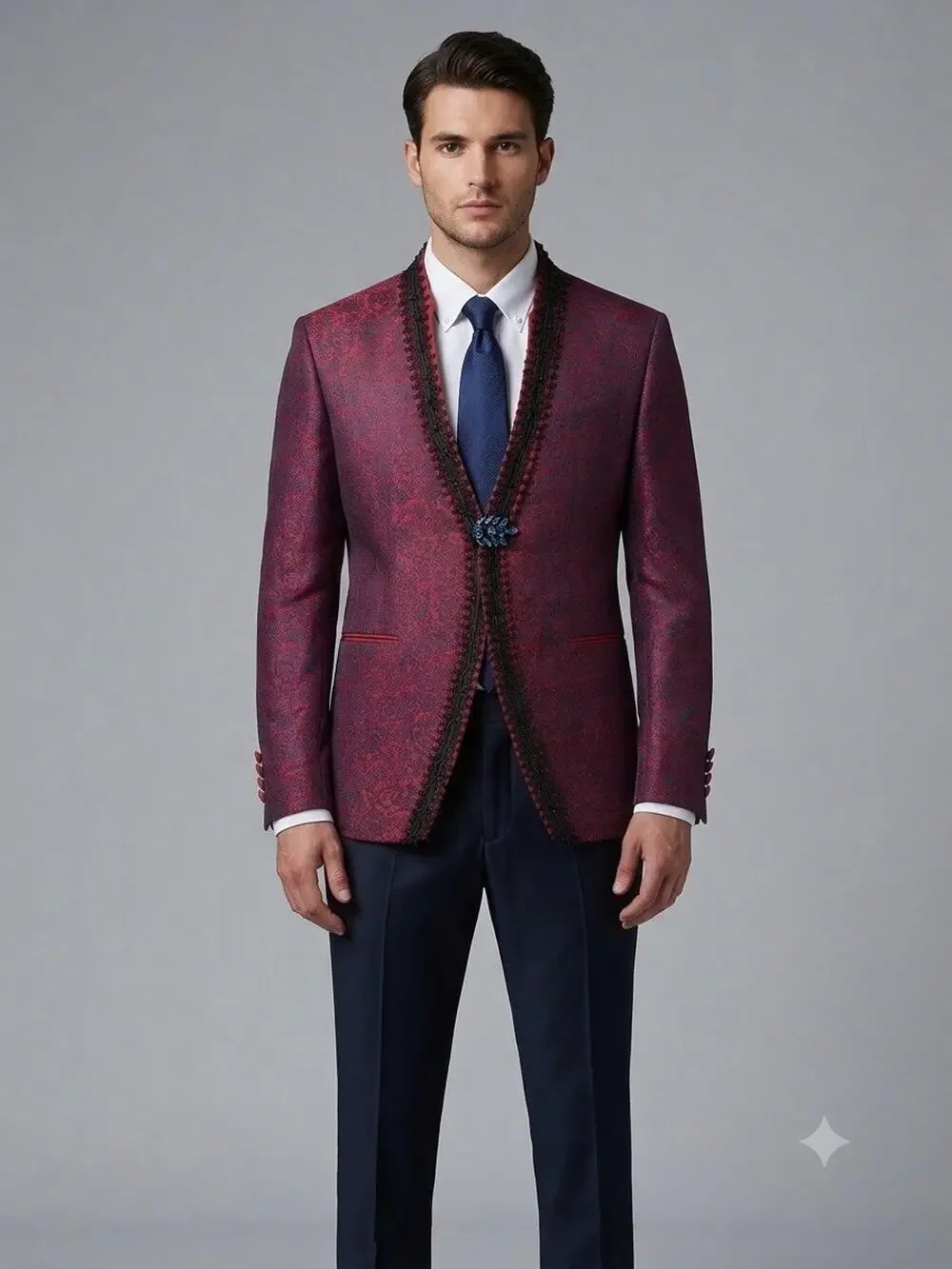 Pietro Scarlatti Mens Mandarin Suit Blazer Pants Brocade Floral US42 EU 52 T7
